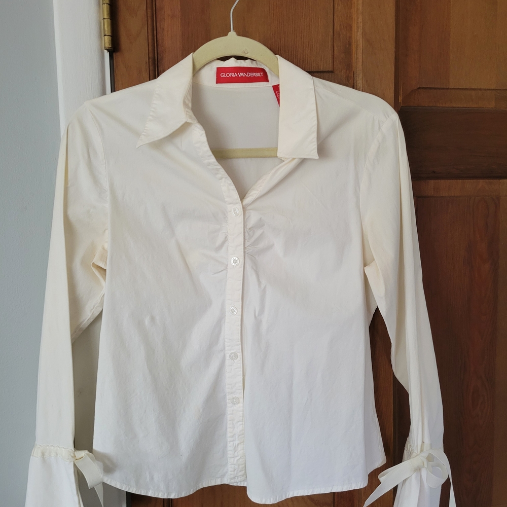 Gloria Vanderbilt White Button-Down Grograin Ribbon Bow Sleeve